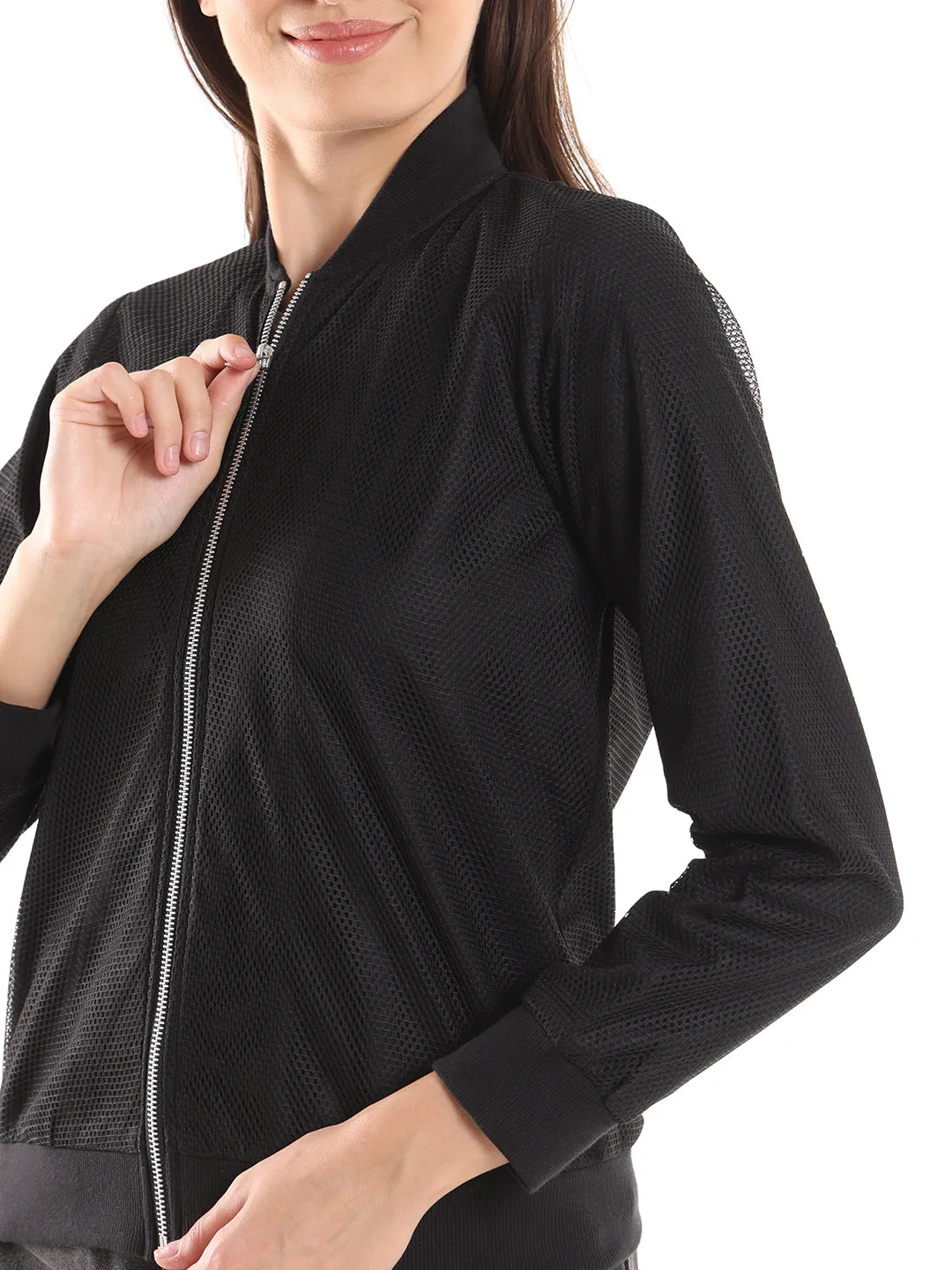 Emryn Black Net Cropped Bomber Jacket