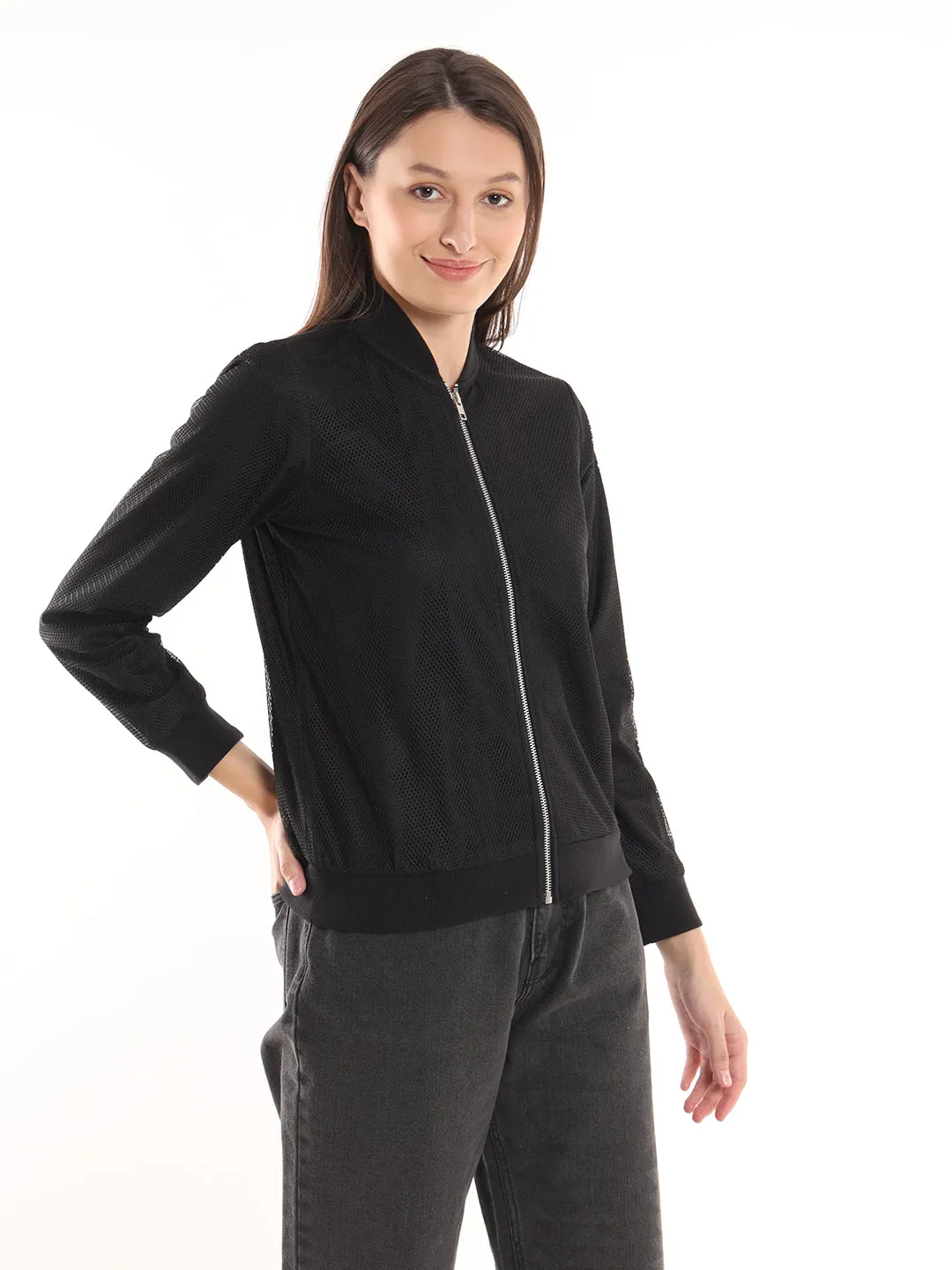 Emryn Black Net Cropped Bomber Jacket