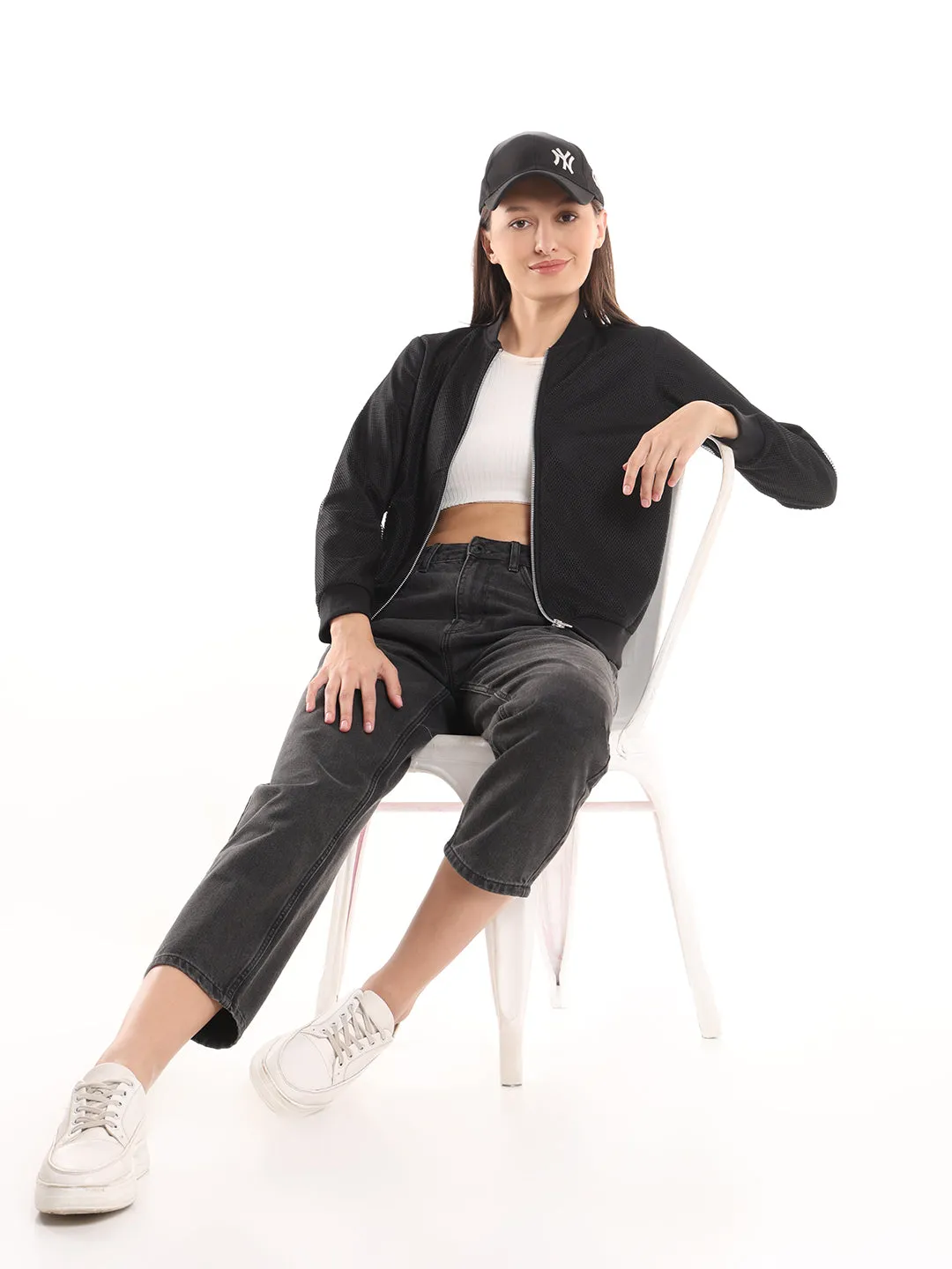 Emryn Black Net Cropped Bomber Jacket