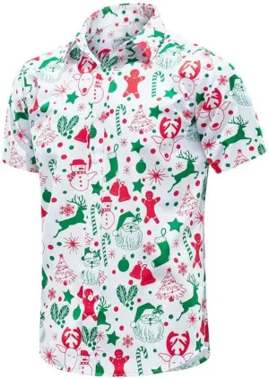 ENVMENST Christmas Button Up Shirt for Men Fun Printed Casual Short Sleeve Hawaiian Santa Shirt