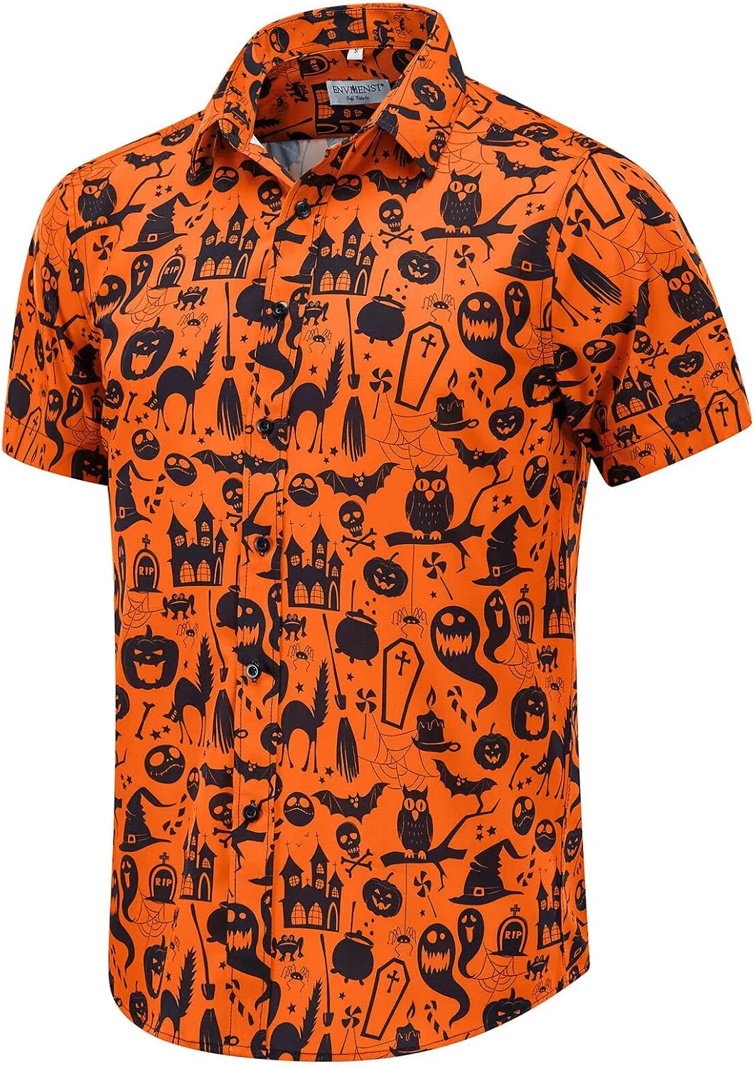 ENVMENST Halloween Button Up Shirt for Men Fun Pumpkins Printed Casual Short Sleeve Hawaiian Aloha Shirts