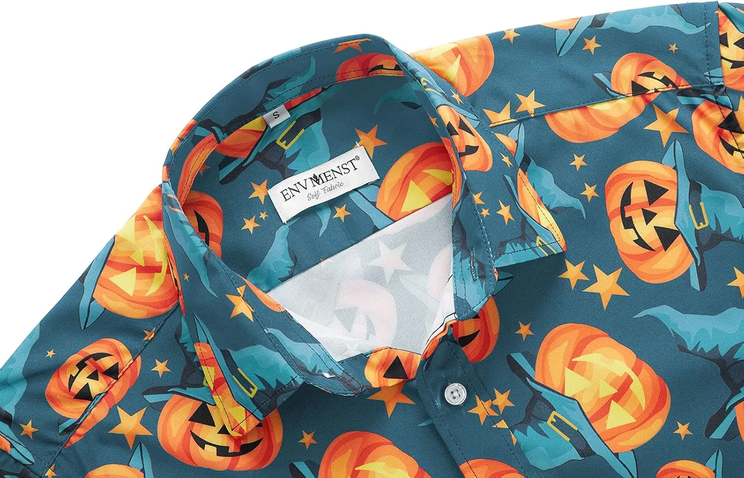 ENVMENST Halloween Button Up Shirt for Men Fun Pumpkins Printed Casual Short Sleeve Hawaiian Aloha Shirts