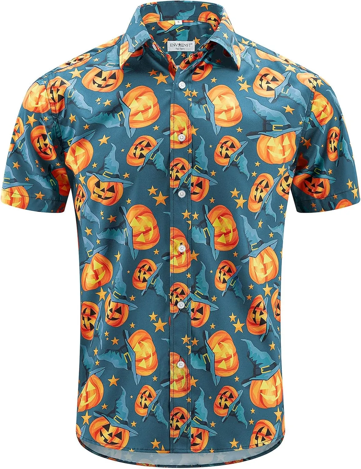 ENVMENST Halloween Button Up Shirt for Men Fun Pumpkins Printed Casual Short Sleeve Hawaiian Aloha Shirts