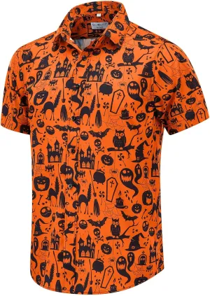ENVMENST Halloween Button Up Shirt for Men Fun Pumpkins Printed Casual Short Sleeve Hawaiian Aloha Shirts