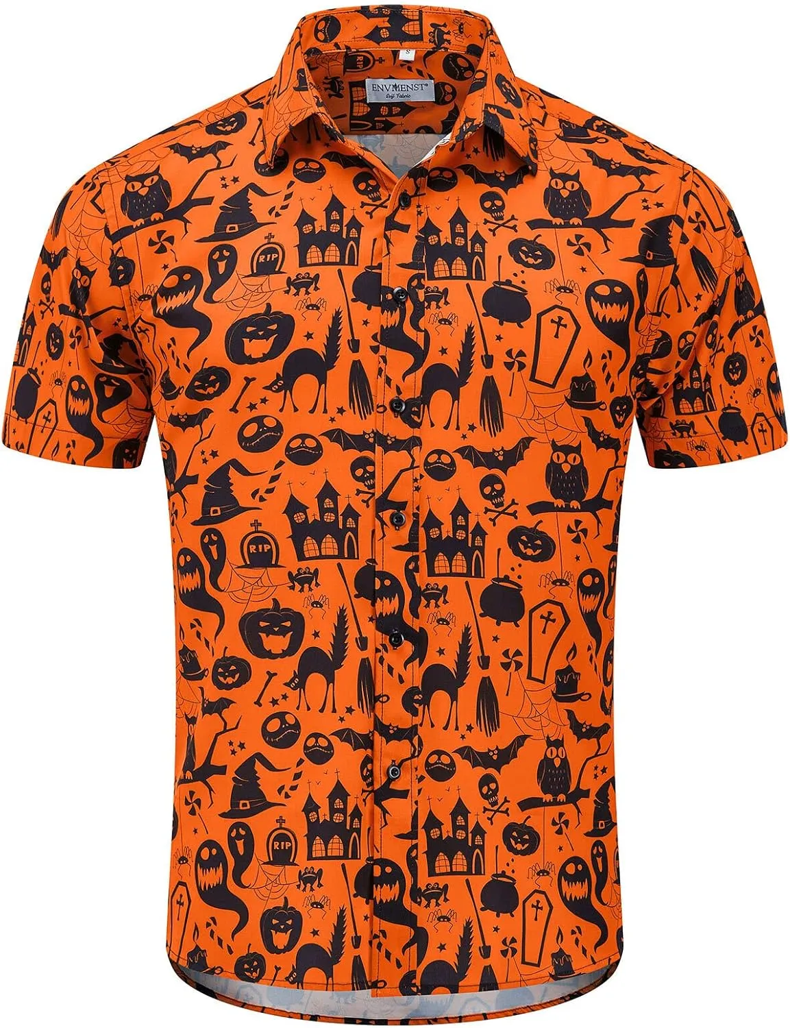 ENVMENST Halloween Button Up Shirt for Men Fun Pumpkins Printed Casual Short Sleeve Hawaiian Aloha Shirts