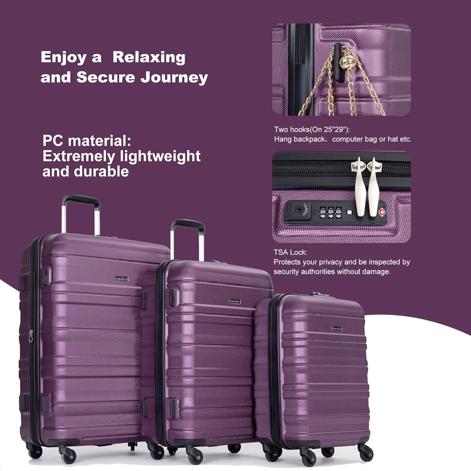 Expandable 3-Piece Luggage Set (21", 25", 29"), PC Lightweight & Durable Suitcase with 360 Spinner Wheels, Two Hooks and TSA Lock, Carry-On & Checked Travel Gear Set (Dark Purple)