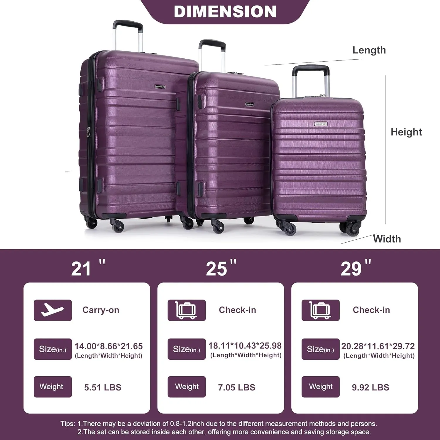 Expandable 3-Piece Luggage Set (21", 25", 29"), PC Lightweight & Durable Suitcase with 360 Spinner Wheels, Two Hooks and TSA Lock, Carry-On & Checked Travel Gear Set (Dark Purple)