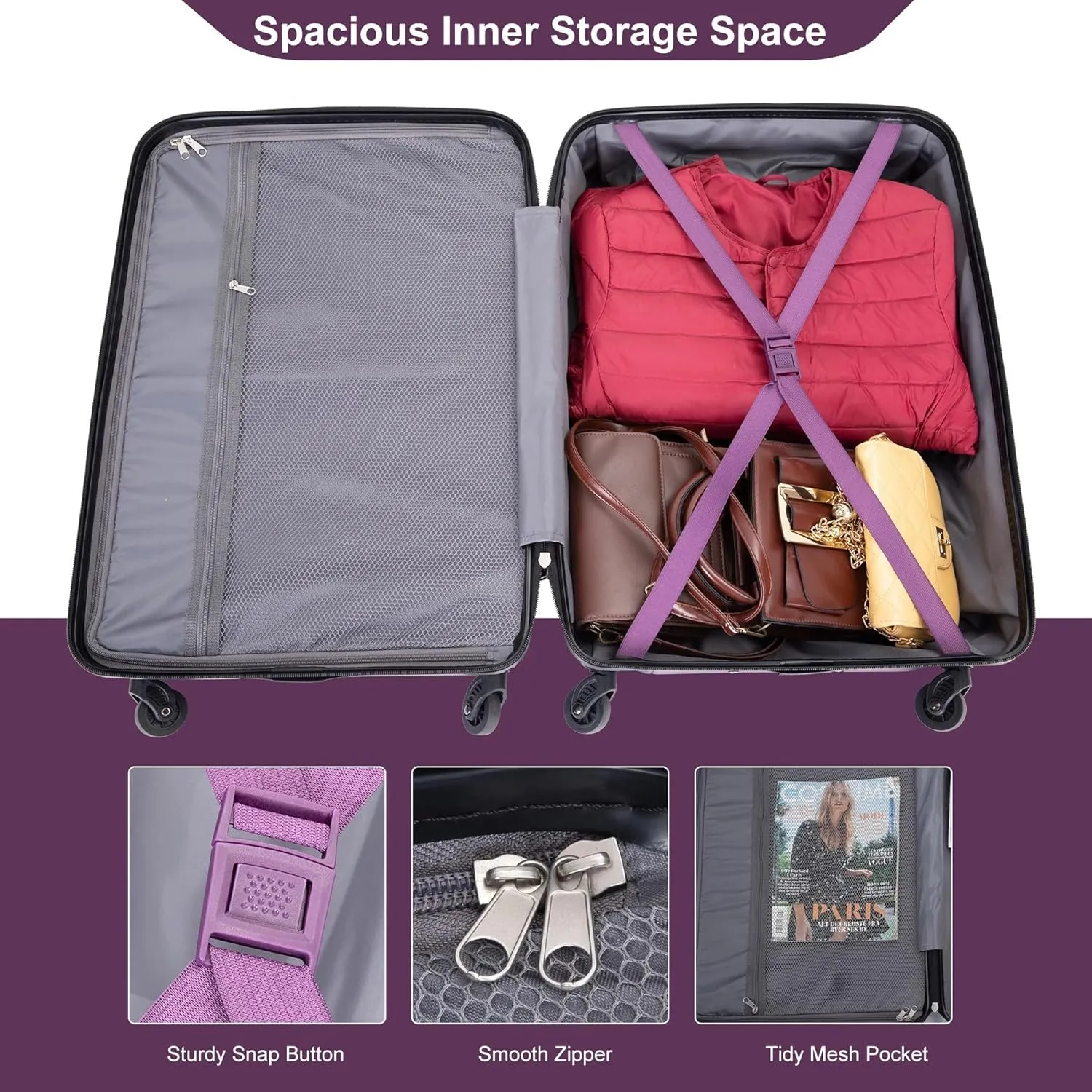 Expandable 3-Piece Luggage Set (21", 25", 29"), PC Lightweight & Durable Suitcase with 360 Spinner Wheels, Two Hooks and TSA Lock, Carry-On & Checked Travel Gear Set (Dark Purple)