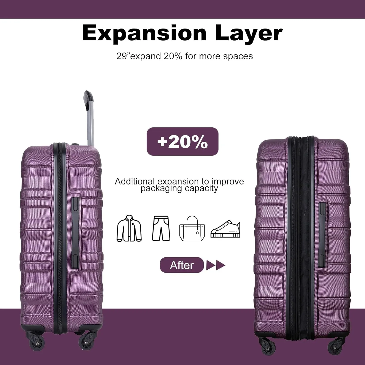 Expandable 3-Piece Luggage Set (21", 25", 29"), PC Lightweight & Durable Suitcase with 360 Spinner Wheels, Two Hooks and TSA Lock, Carry-On & Checked Travel Gear Set (Dark Purple)