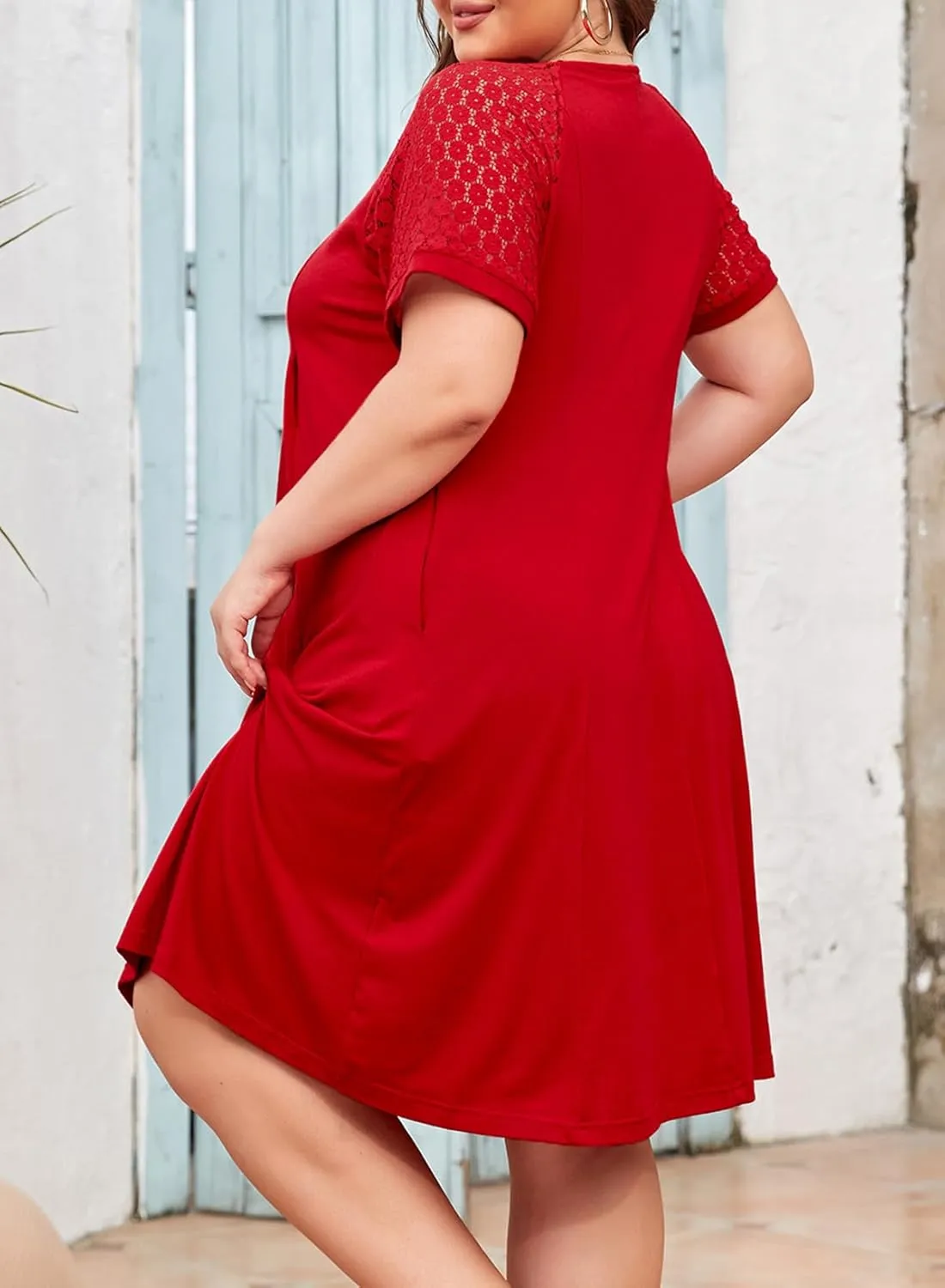 Eytino Womens Plus Size Dress Lace Short Sleeve Crewneck Casual Pleated Swing Midi Dresses with Pockets(1X-5X)
