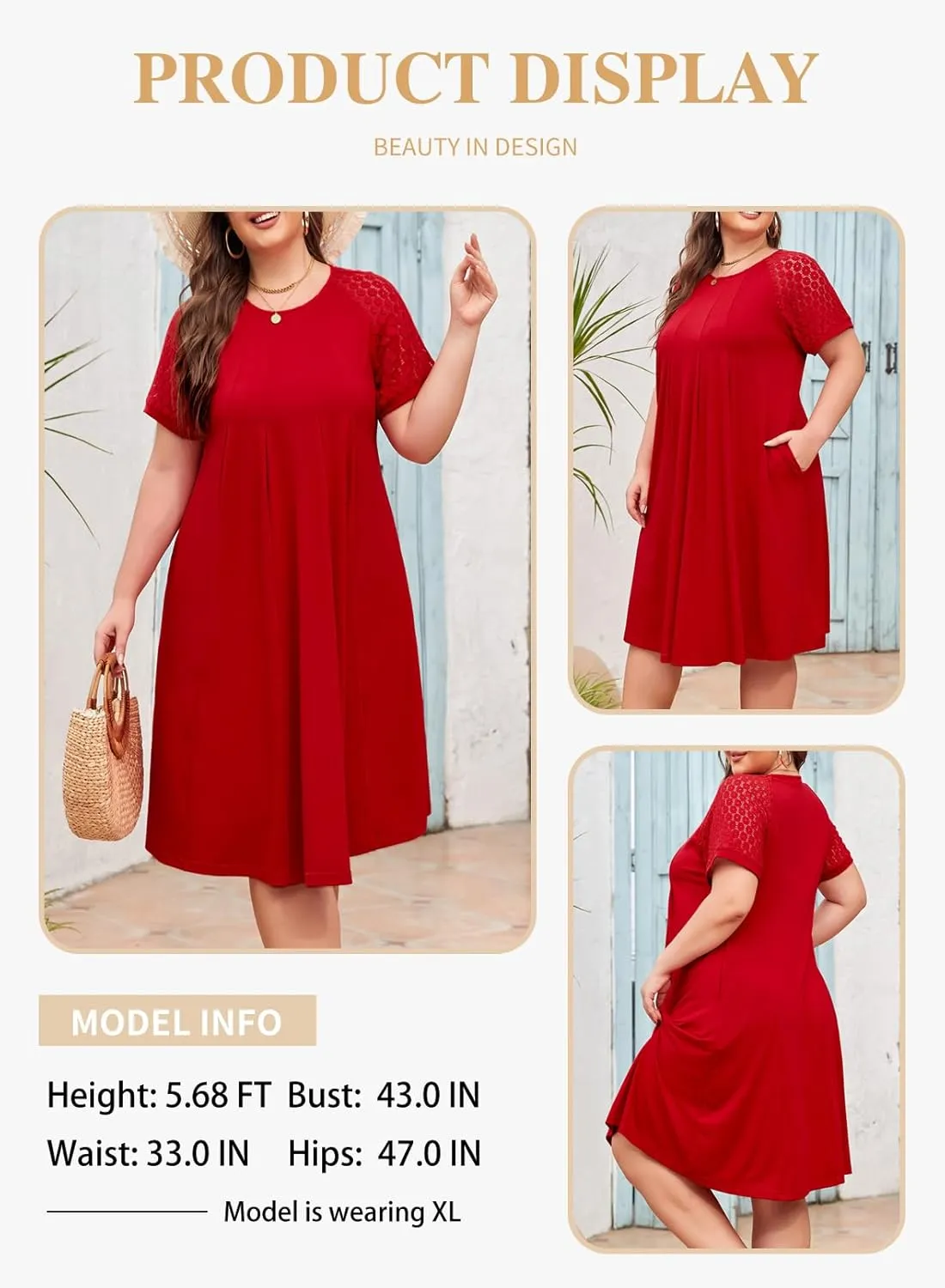Eytino Womens Plus Size Dress Lace Short Sleeve Crewneck Casual Pleated Swing Midi Dresses with Pockets(1X-5X)