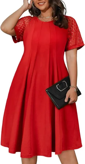 Eytino Womens Plus Size Dress Lace Short Sleeve Crewneck Casual Pleated Swing Midi Dresses with Pockets(1X-5X)