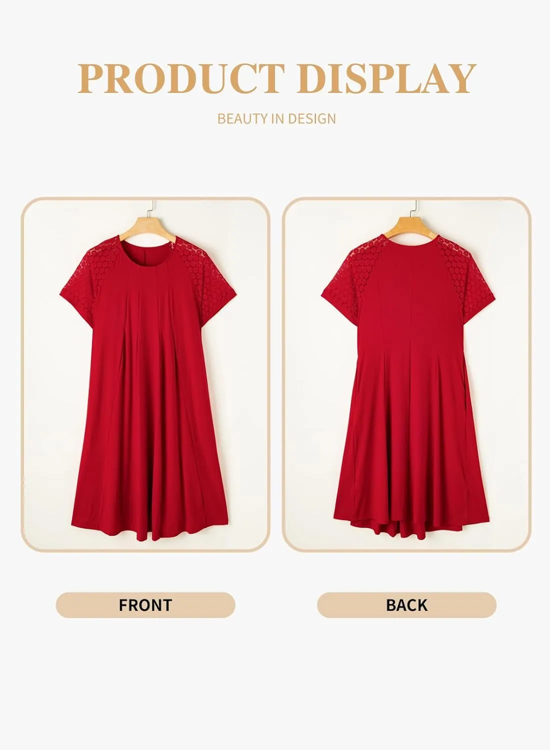 Eytino Womens Plus Size Dress Lace Short Sleeve Crewneck Casual Pleated Swing Midi Dresses with Pockets(1X-5X)