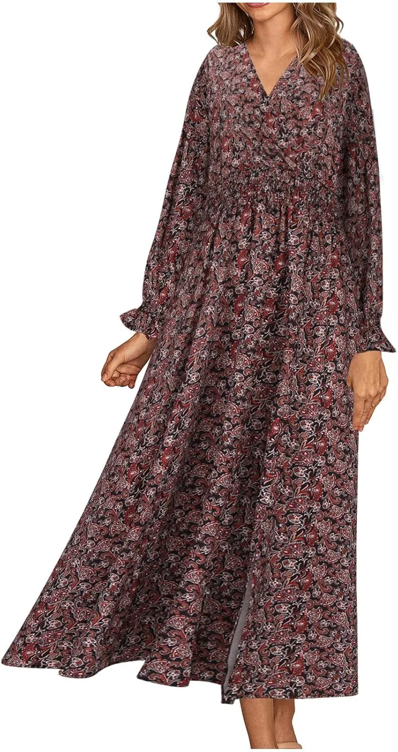 Fall Dresses for Women 2024 Casual Midi Loose V Neck Ruffle Long Sleeve Dress Tiered Flowy Empire Waist Beach Dresses