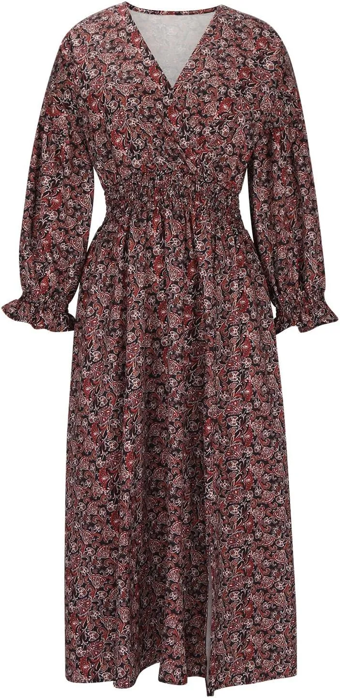 Fall Dresses for Women 2024 Casual Midi Loose V Neck Ruffle Long Sleeve Dress Tiered Flowy Empire Waist Beach Dresses
