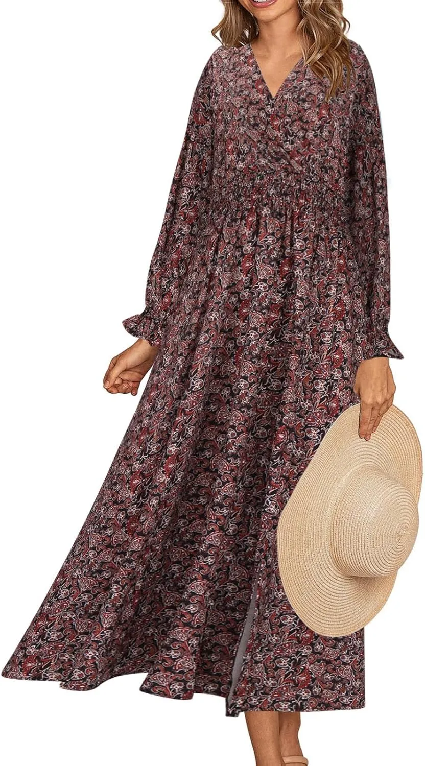 Fall Dresses for Women 2024 Casual Midi Loose V Neck Ruffle Long Sleeve Dress Tiered Flowy Empire Waist Beach Dresses