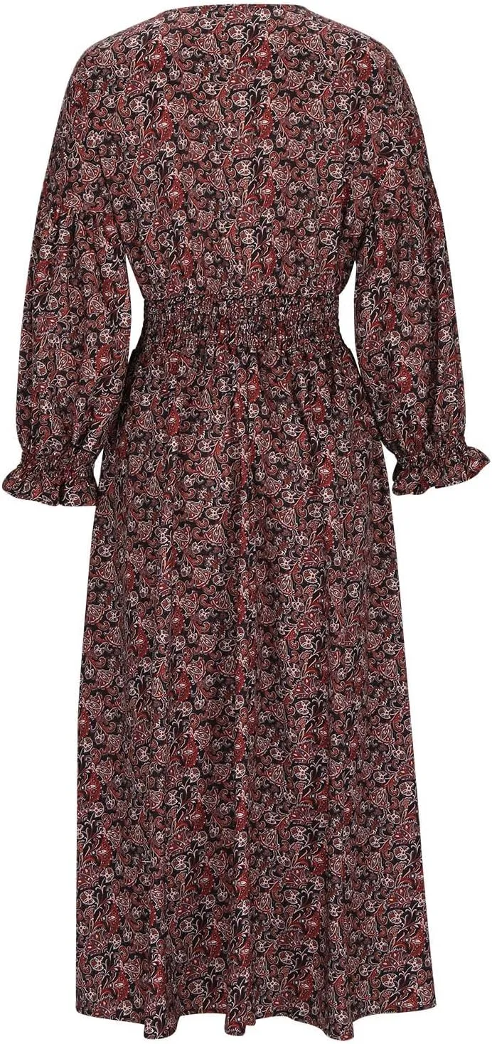Fall Dresses for Women 2024 Casual Midi Loose V Neck Ruffle Long Sleeve Dress Tiered Flowy Empire Waist Beach Dresses