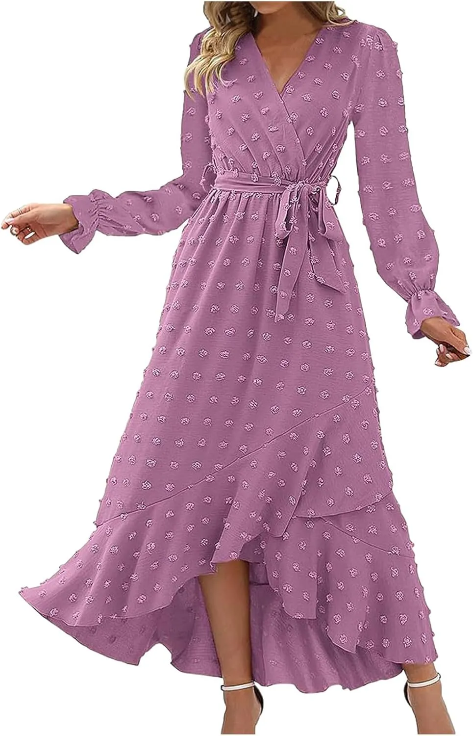 Fall Dresses for Women 2024 Trendy Ruffle Long Sleeve Swiss Dot Maxi Dress Tiered Ruffle Hem Flowy Boho Long Dresses Womens Fall Dress Purple 2X