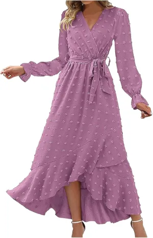 Fall Dresses for Women 2024 Trendy Ruffle Long Sleeve Swiss Dot Maxi Dress Tiered Ruffle Hem Flowy Boho Long Dresses Womens Fall Dress Purple 2X