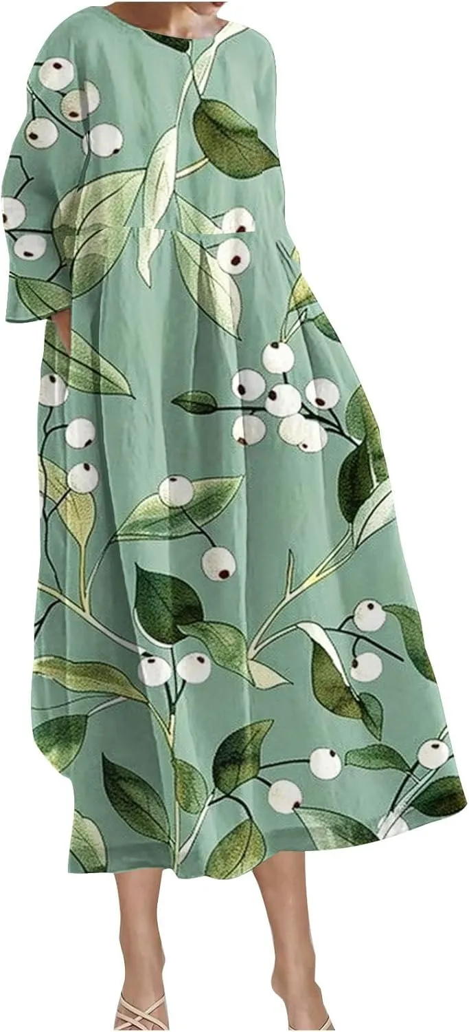 Fall Maxi Dresses for Women 2024 Boho Floral Maxi Dress Casual Ruffle Long Sleeve Crew Neck Beach Long Flowy Dresses Women's Dresses Blue XL