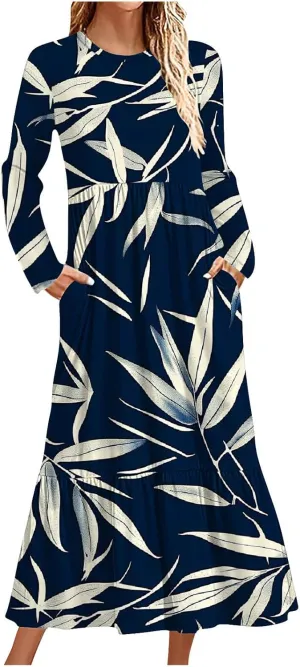 Fall Maxi Dresses for Women 2024 Plus Size Casual Long Sleeve Dresses Floral Boho Long Dress Wedding Guest Dress Womens Fall Dresses 2024 Navy XL