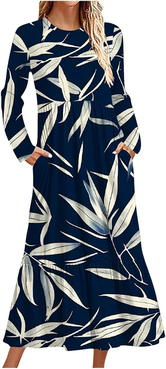 Fall Maxi Dresses for Women 2024 Plus Size Casual Long Sleeve Dresses Floral Boho Long Dress Wedding Guest Dress Womens Fall Dresses 2024 Navy XL