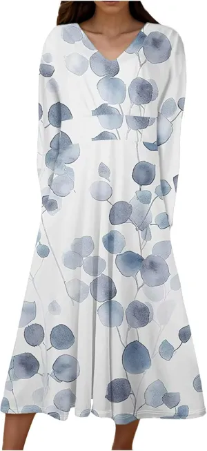 Fall Maxi Dresses for Women 2024 Trendy Long Sleeve V Neck High Waist Long Dress Flowy Swing Pleated Midi Dresses Fall Womens Dresses Light Blue S