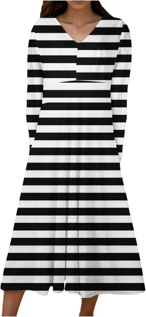 Fall Maxi Dresses for Women 2024 Trendy Long Sleeve V Neck High Waist Long Dress Flowy Swing Pleated Midi Dresses Long Dresses for Women Black XL