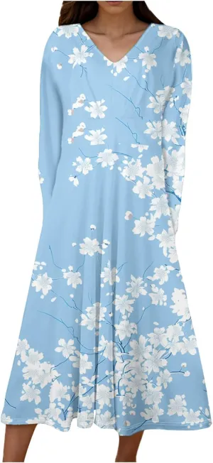 Fall Maxi Dresses for Women 2024 Trendy Long Sleeve V Neck High Waist Long Dress Flowy Swing Pleated Midi Dresses Womens Fall Dresses 2024 Light Blue S