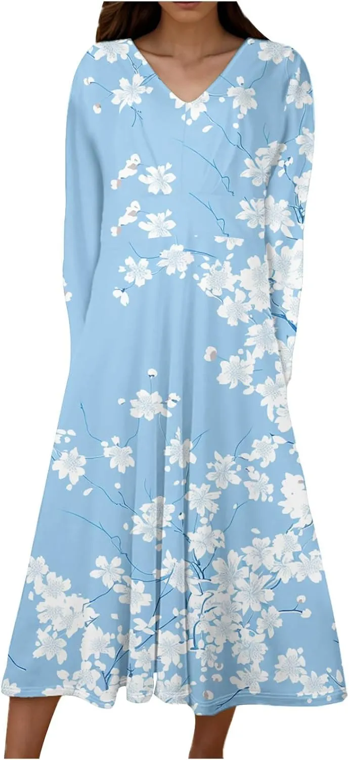 Fall Maxi Dresses for Women 2024 Trendy Long Sleeve V Neck High Waist Long Dress Flowy Swing Pleated Midi Dresses Womens Fall Dresses 2024 Light Blue S