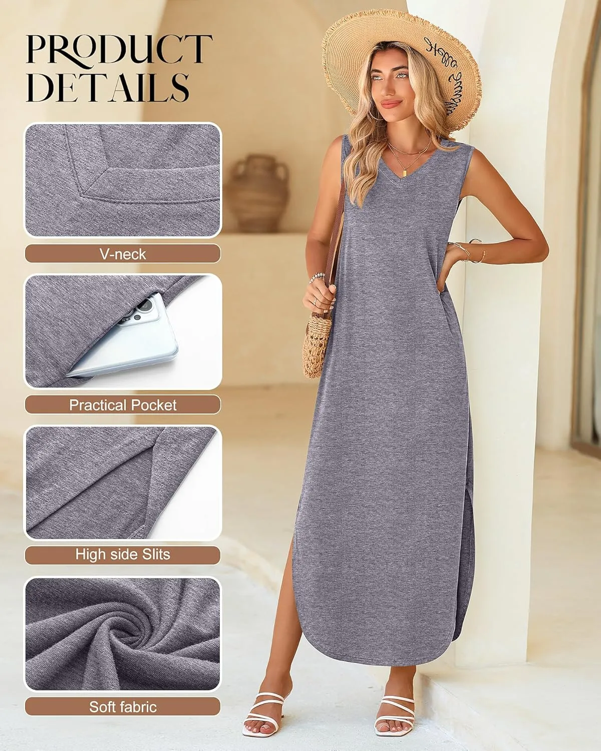 Ficerd 2 Pcs Women's Maxi Dresses Summer Sleeveless Beach Long Dress V Neck Casual Loose Split Sundress with Pockets