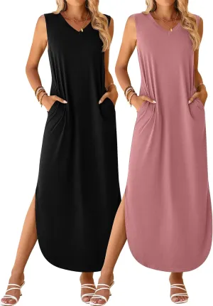Ficerd 2 Pcs Women's Maxi Dresses Summer Sleeveless Beach Long Dress V Neck Casual Loose Split Sundress with Pockets