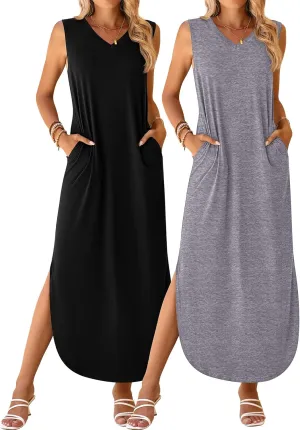 Ficerd 2 Pcs Women's Maxi Dresses Summer Sleeveless Beach Long Dress V Neck Casual Loose Split Sundress with Pockets