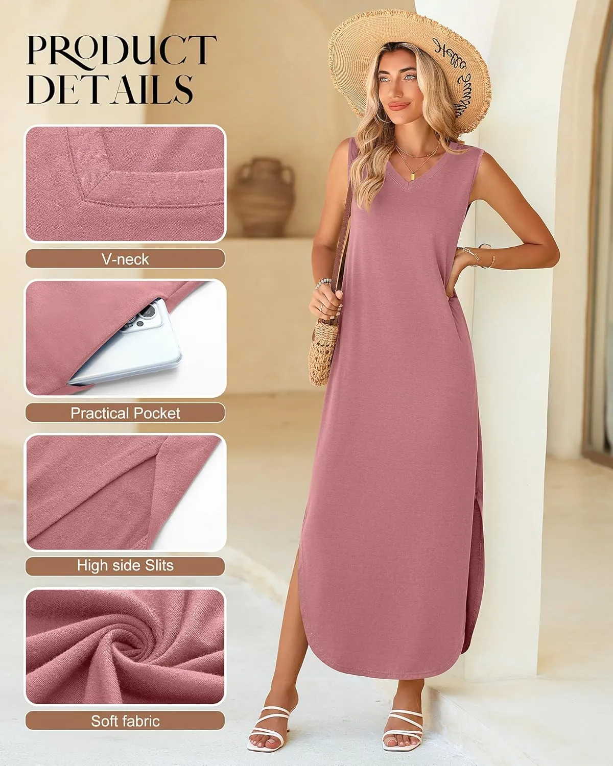 Ficerd 2 Pcs Women's Maxi Dresses Summer Sleeveless Beach Long Dress V Neck Casual Loose Split Sundress with Pockets