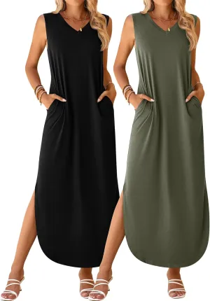 Ficerd 2 Pcs Women's Maxi Dresses Summer Sleeveless Beach Long Dress V Neck Casual Loose Split Sundress with Pockets