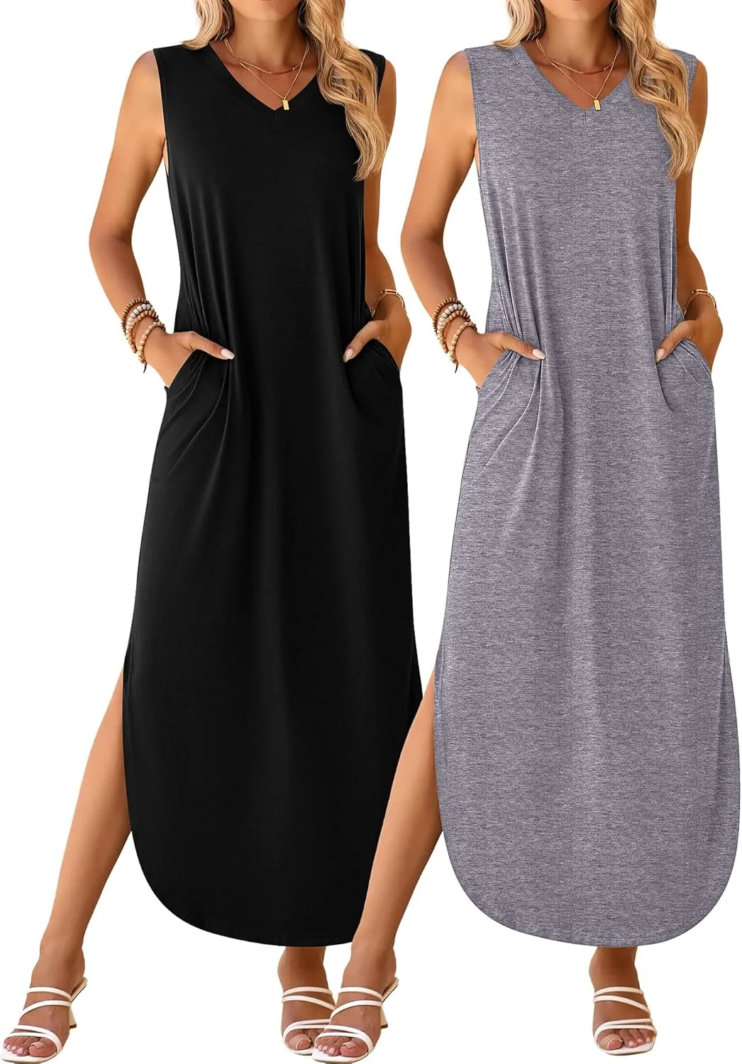 Ficerd 2 Pcs Women's Maxi Dresses Summer Sleeveless Beach Long Dress V Neck Casual Loose Split Sundress with Pockets