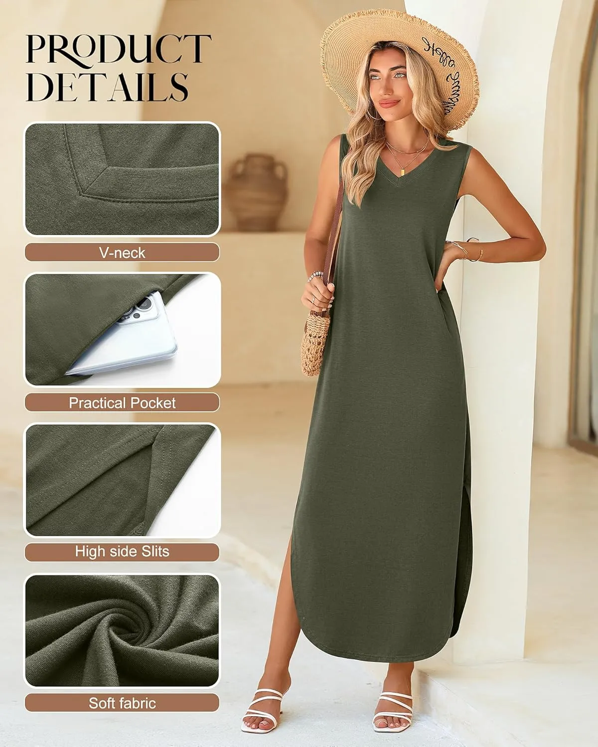 Ficerd 2 Pcs Women's Maxi Dresses Summer Sleeveless Beach Long Dress V Neck Casual Loose Split Sundress with Pockets