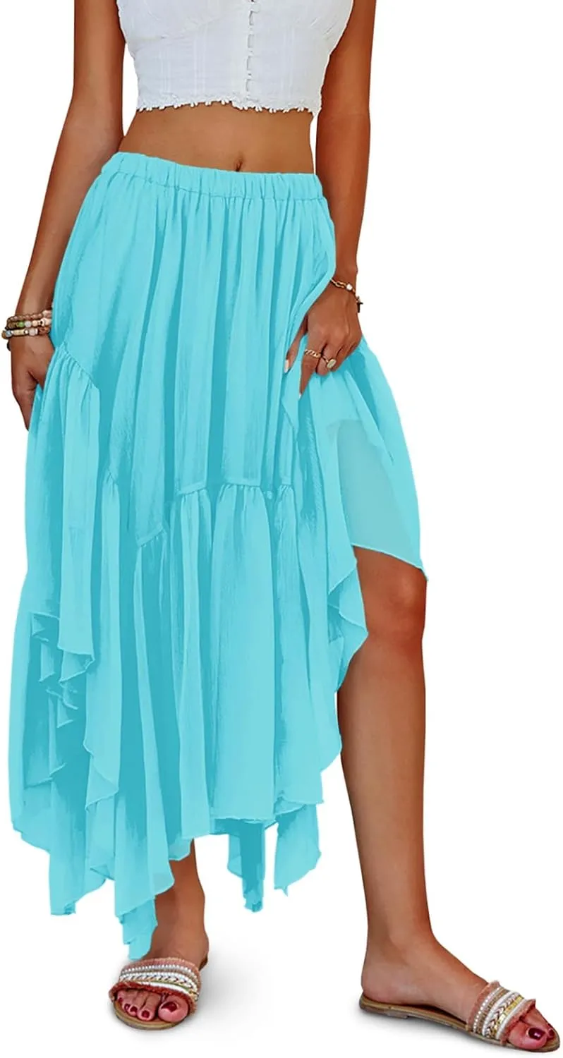 Fisoew Womens Summer Boho Maxi Skirt Casual Asymmetric High-Low Hem Flowy Bohemia Long Skirt