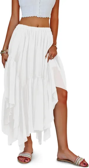Fisoew Womens Summer Boho Maxi Skirt Casual Asymmetric High-Low Hem Flowy Bohemia Long Skirt