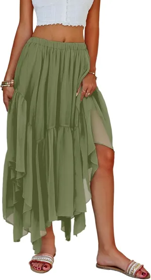 Fisoew Womens Summer Boho Maxi Skirt Casual Asymmetric High-Low Hem Flowy Bohemia Long Skirt
