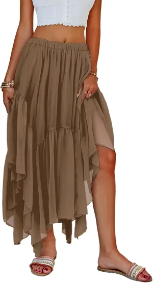 Fisoew Womens Summer Boho Maxi Skirt Casual Asymmetric High-Low Hem Flowy Bohemia Long Skirt