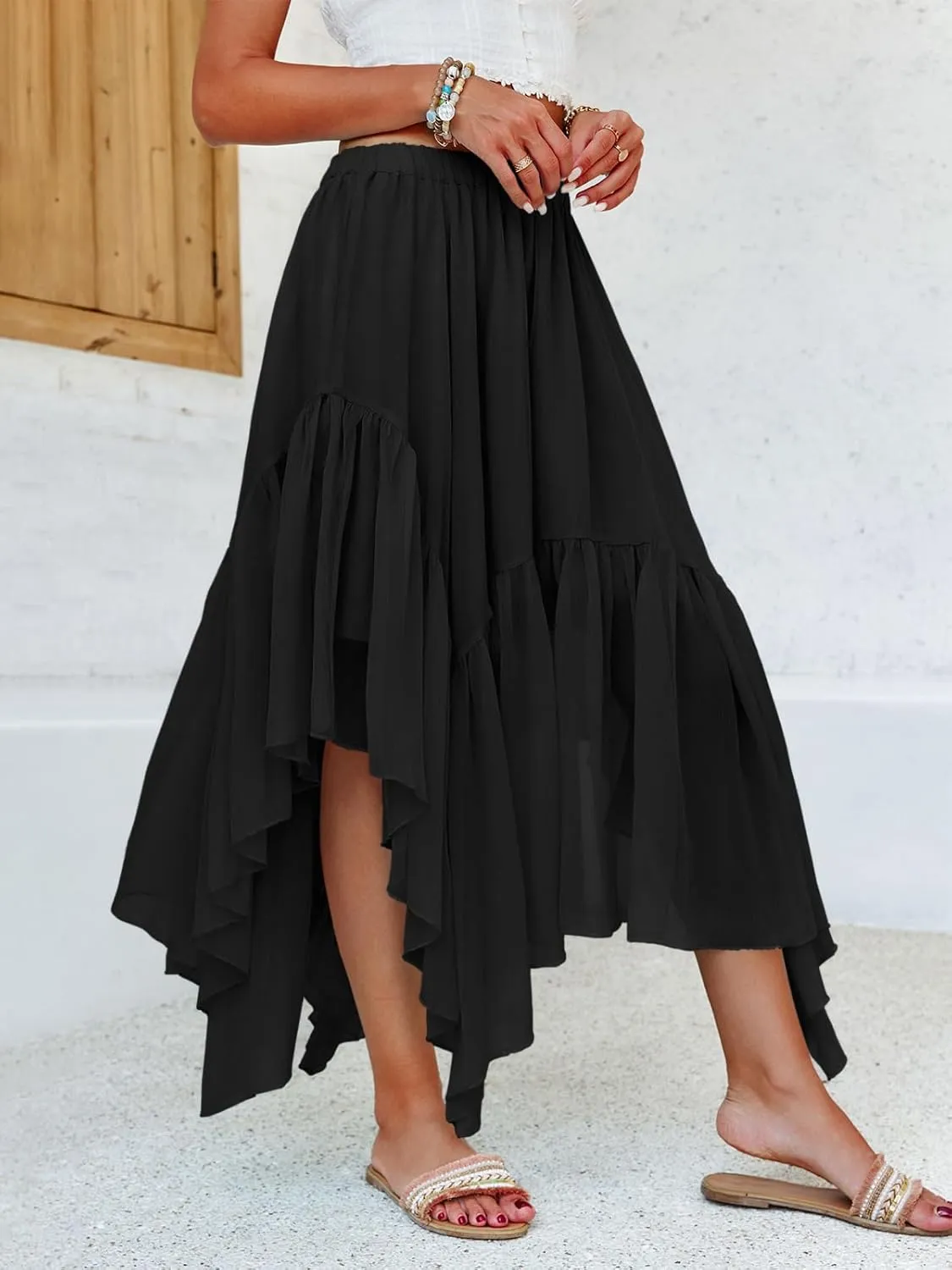 Fisoew Womens Summer Boho Maxi Skirt Casual Asymmetric High-Low Hem Flowy Bohemia Long Skirt