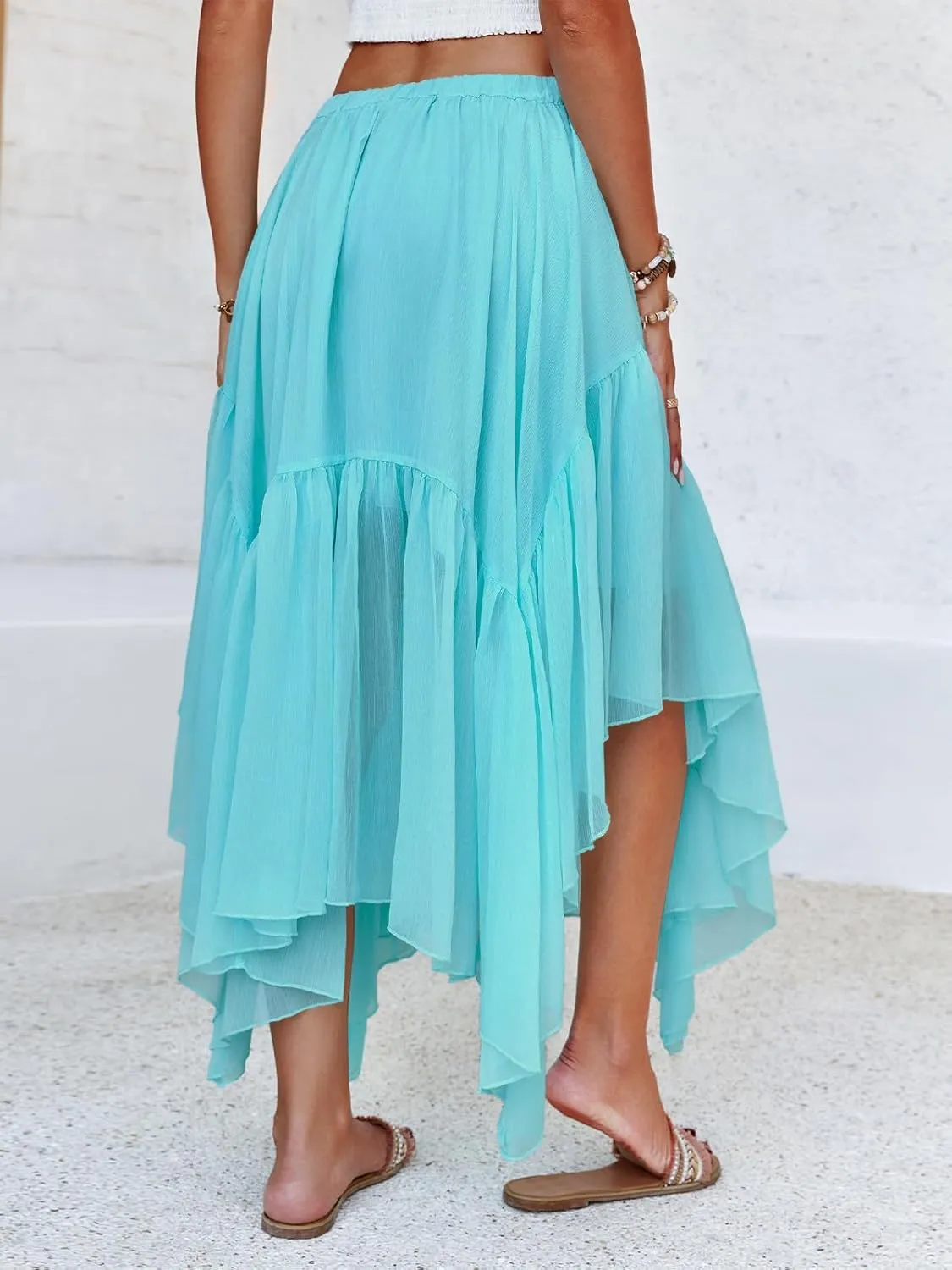 Fisoew Womens Summer Boho Maxi Skirt Casual Asymmetric High-Low Hem Flowy Bohemia Long Skirt