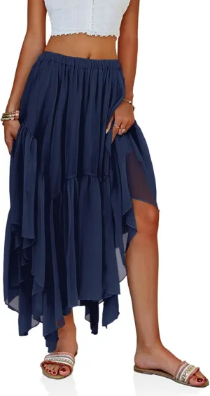 Fisoew Womens Summer Boho Maxi Skirt Casual Asymmetric High-Low Hem Flowy Bohemia Long Skirt