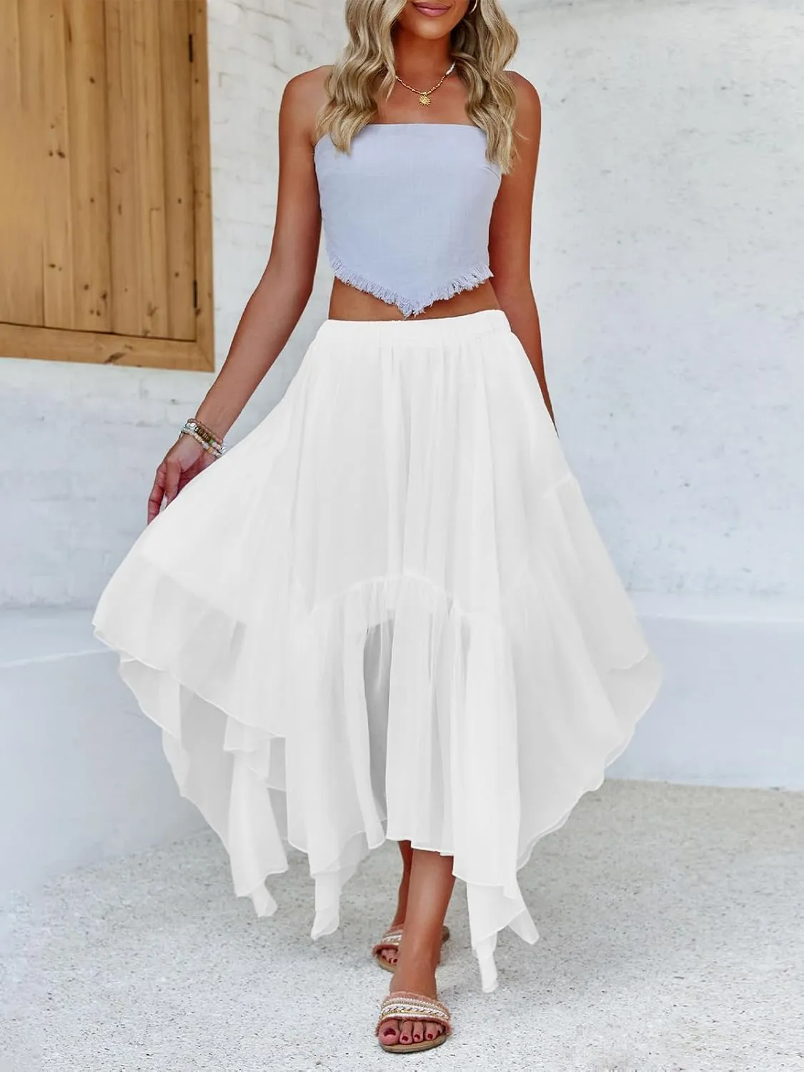 Fisoew Womens Summer Boho Maxi Skirt Casual Asymmetric High-Low Hem Flowy Bohemia Long Skirt
