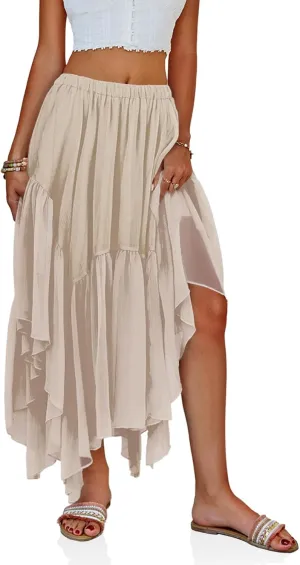 Fisoew Womens Summer Boho Maxi Skirt Casual Asymmetric High-Low Hem Flowy Bohemia Long Skirt