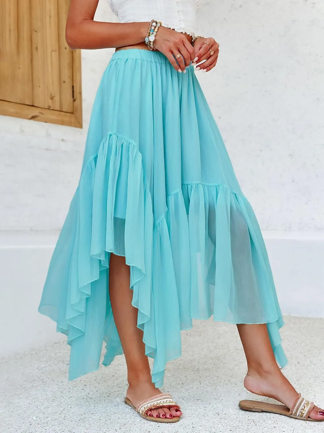 Fisoew Womens Summer Boho Maxi Skirt Casual Asymmetric High-Low Hem Flowy Bohemia Long Skirt