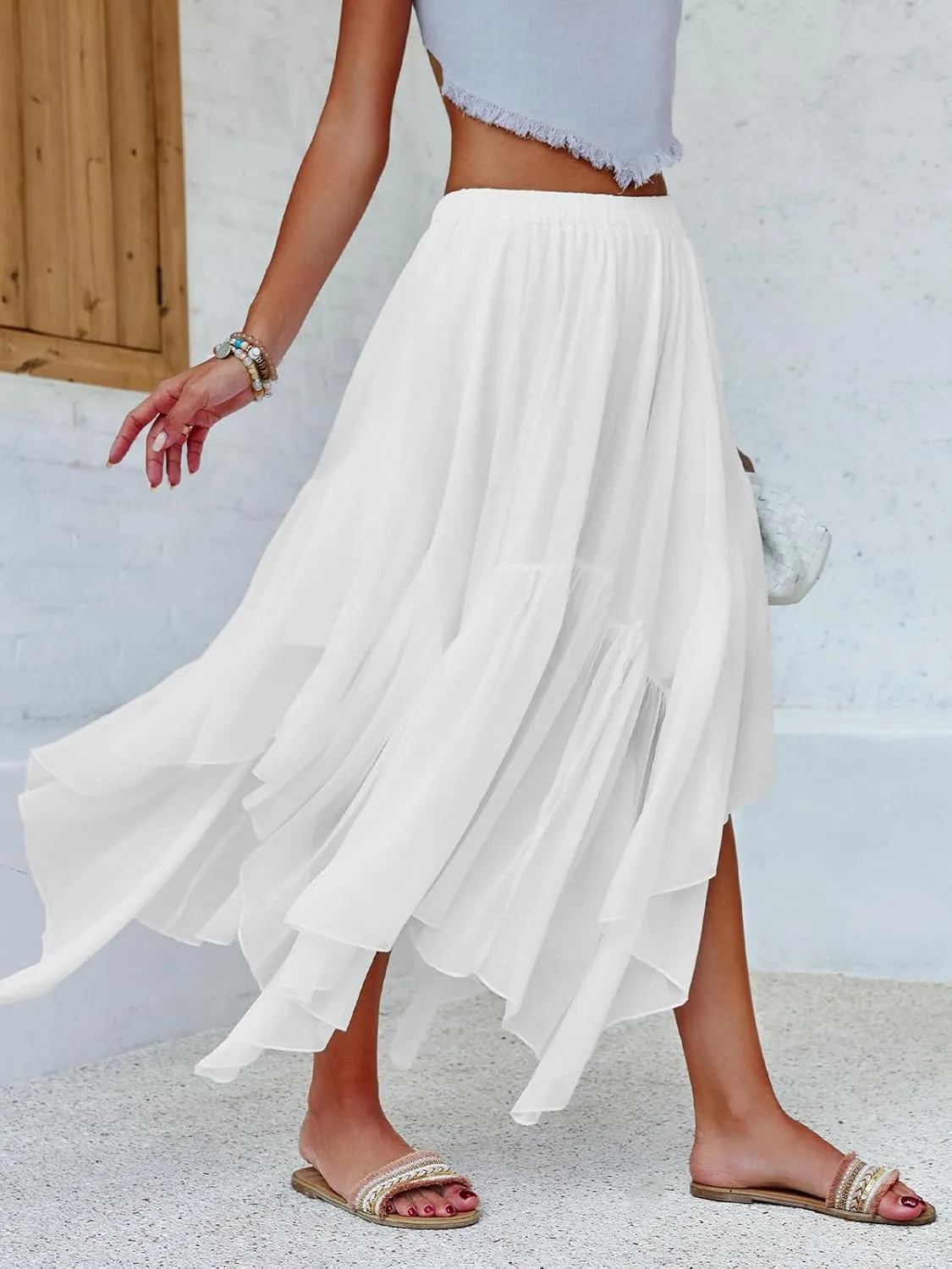 Fisoew Womens Summer Boho Maxi Skirt Casual Asymmetric High-Low Hem Flowy Bohemia Long Skirt