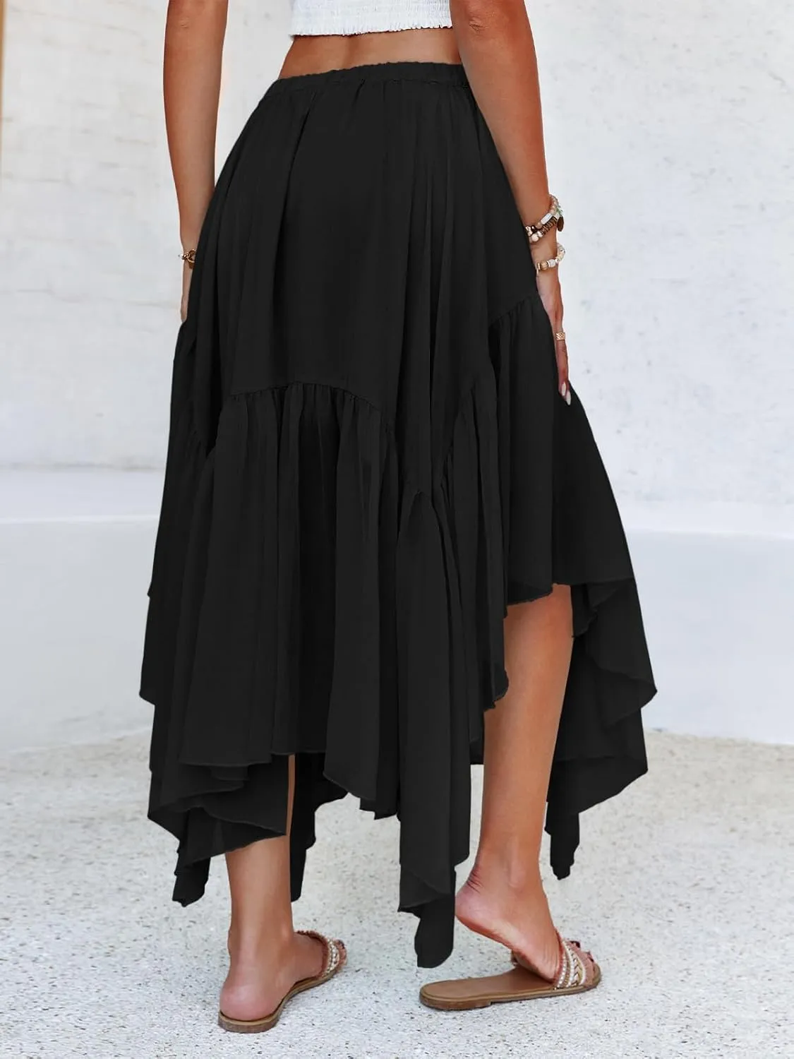 Fisoew Womens Summer Boho Maxi Skirt Casual Asymmetric High-Low Hem Flowy Bohemia Long Skirt