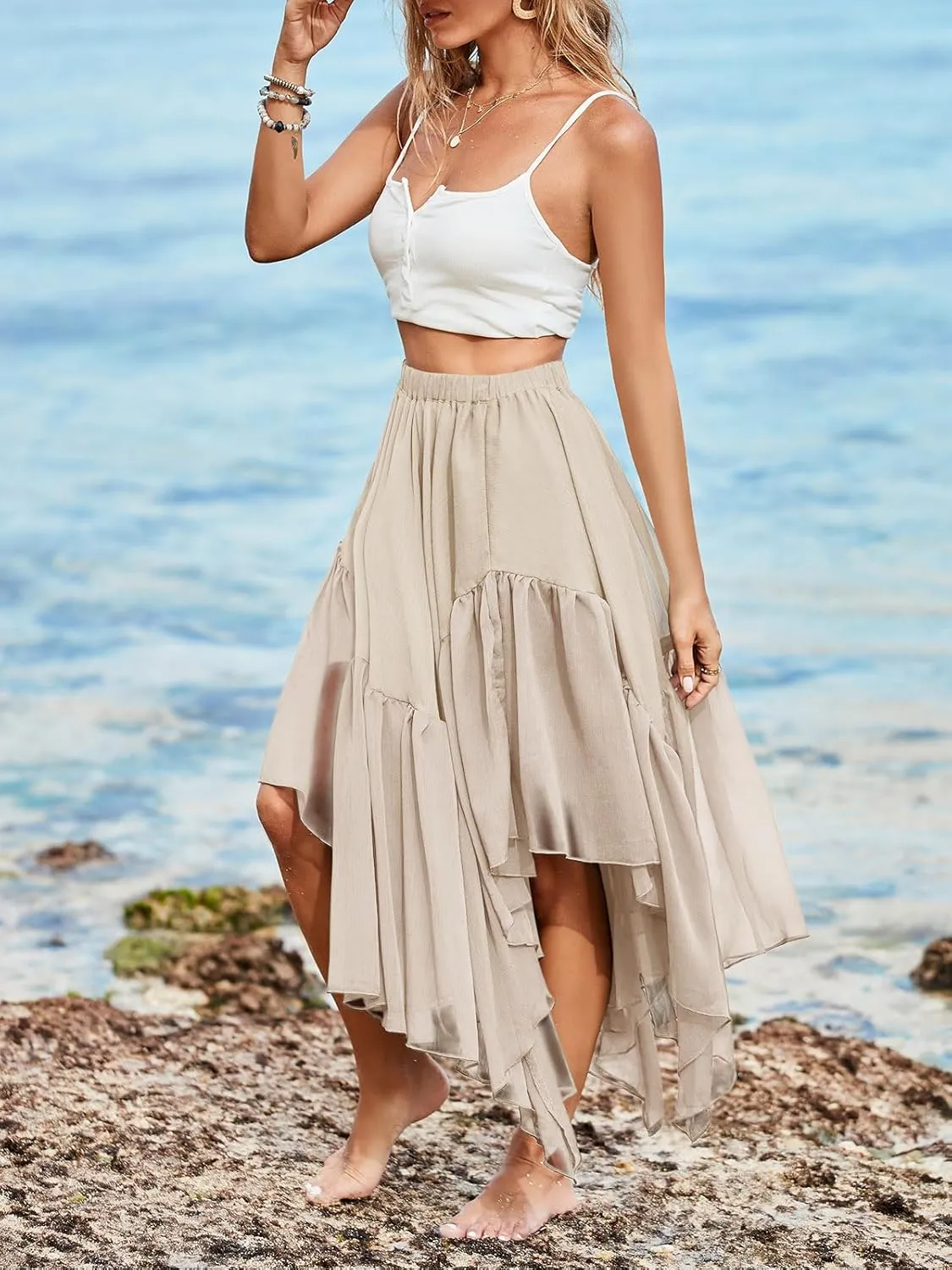 Fisoew Womens Summer Boho Maxi Skirt Casual Asymmetric High-Low Hem Flowy Bohemia Long Skirt